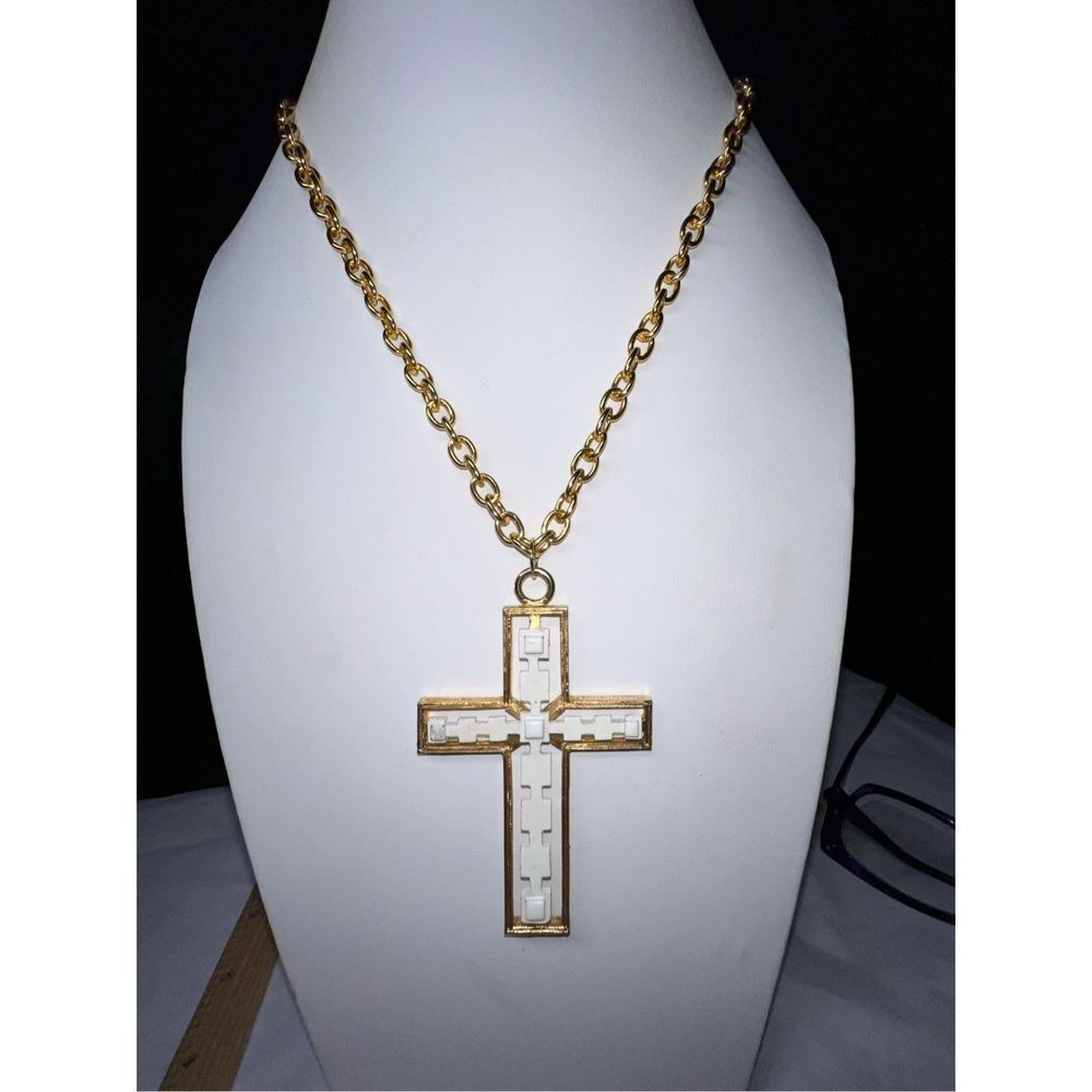 Gold Tone and‎ White Metal Large Modernist Cross Pendant Necklace